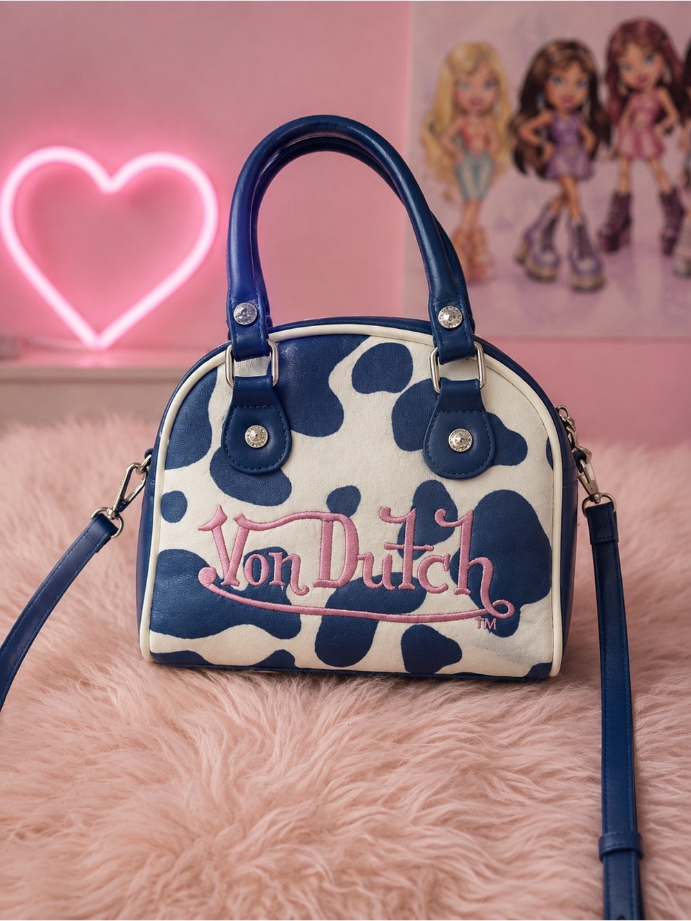Von Dutch Navy Blue & White Cowprint Mini Satchel with Pink Logo